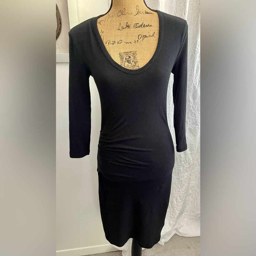 James Perse Black Ruched Bodycon Midi Dress Japanese Cotton Jersey Size 1 (S)